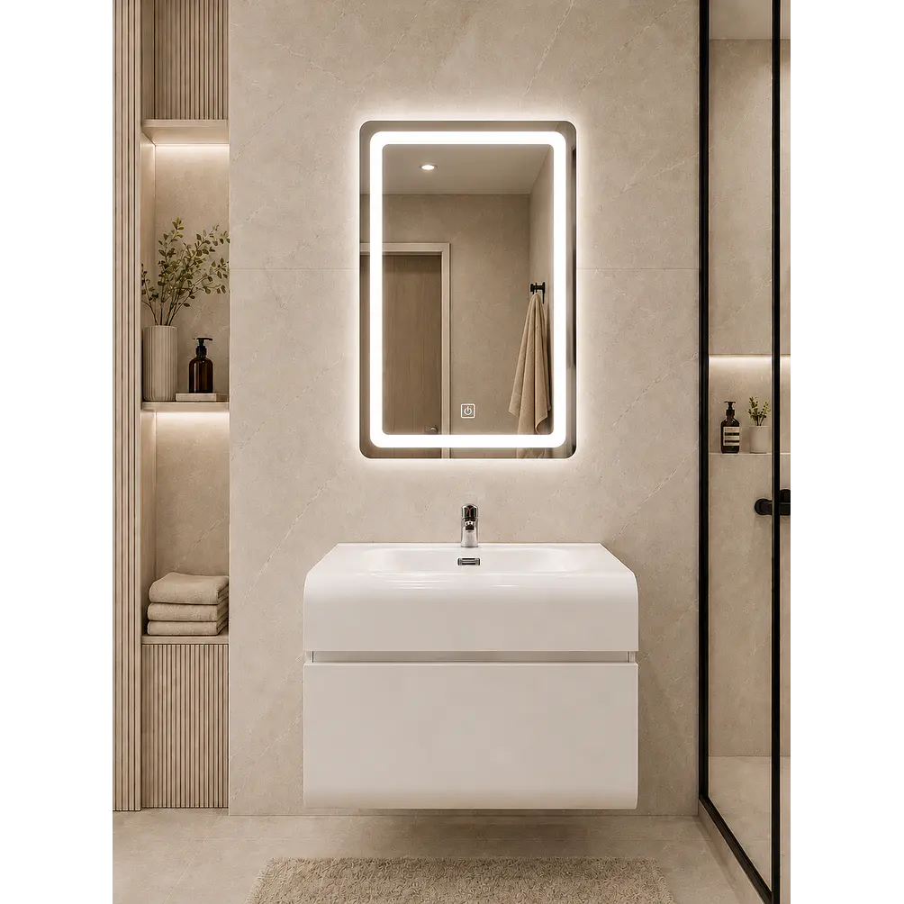 Vanitorio Flotante Completo Blanco 60 cm Con Espejo LED 1