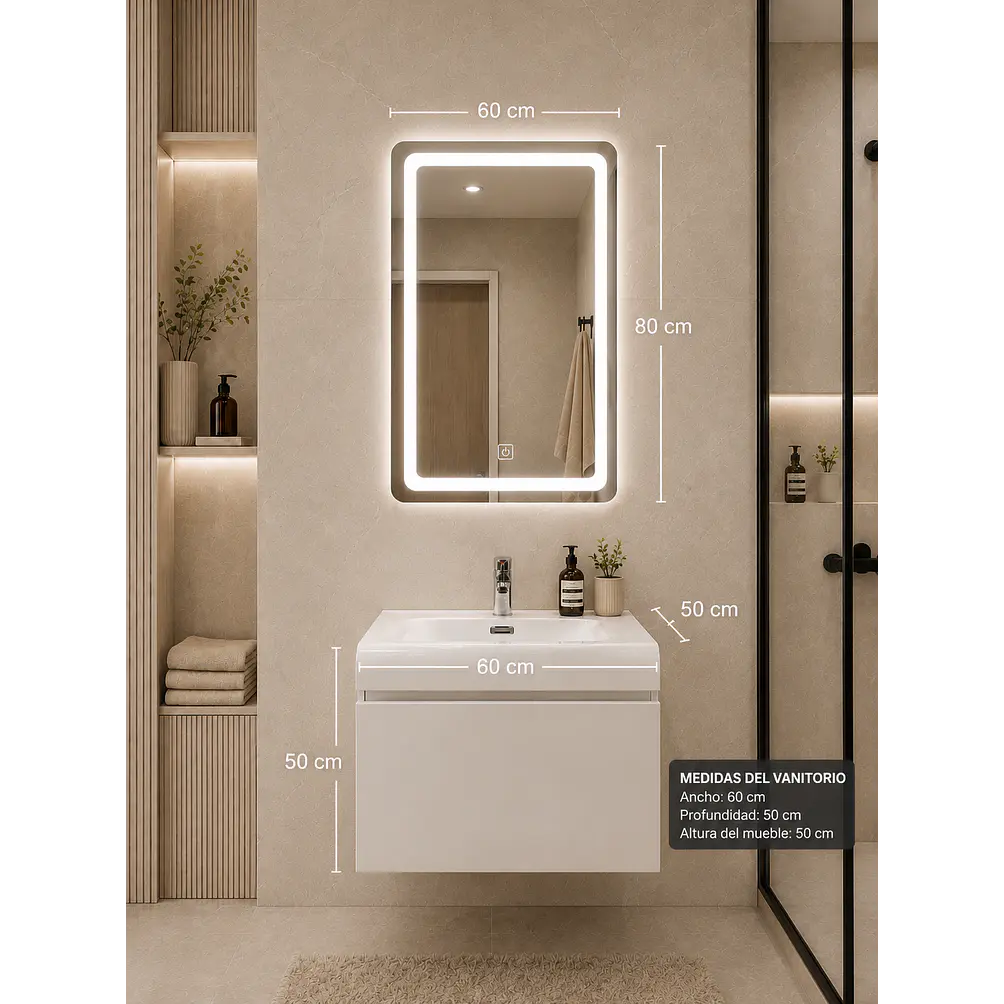 Vanitorio Flotante Completo Blanco 60 cm Con Espejo LED 2