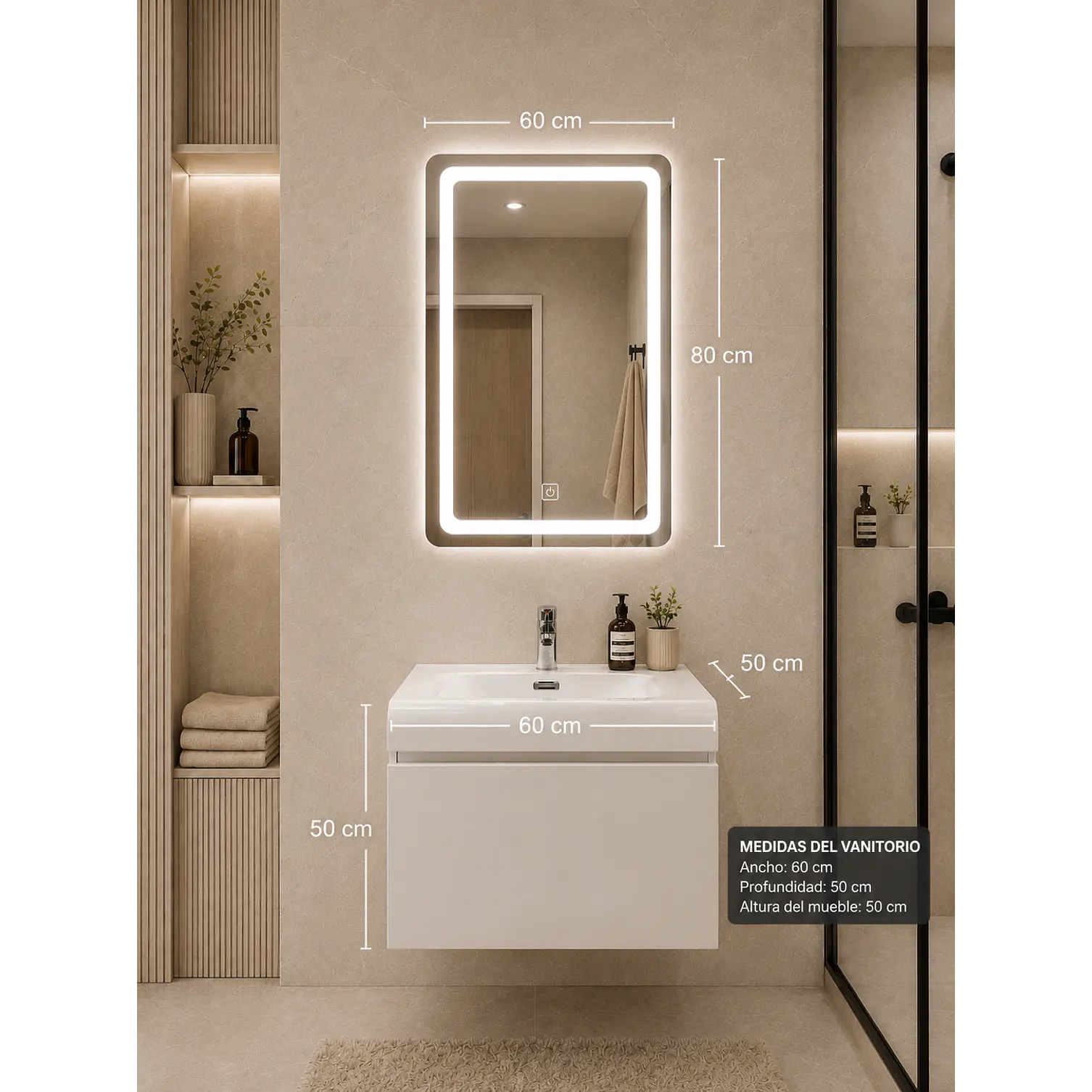 Vanitorio Flotante Completo Blanco 60 cm Con Espejo LED 2