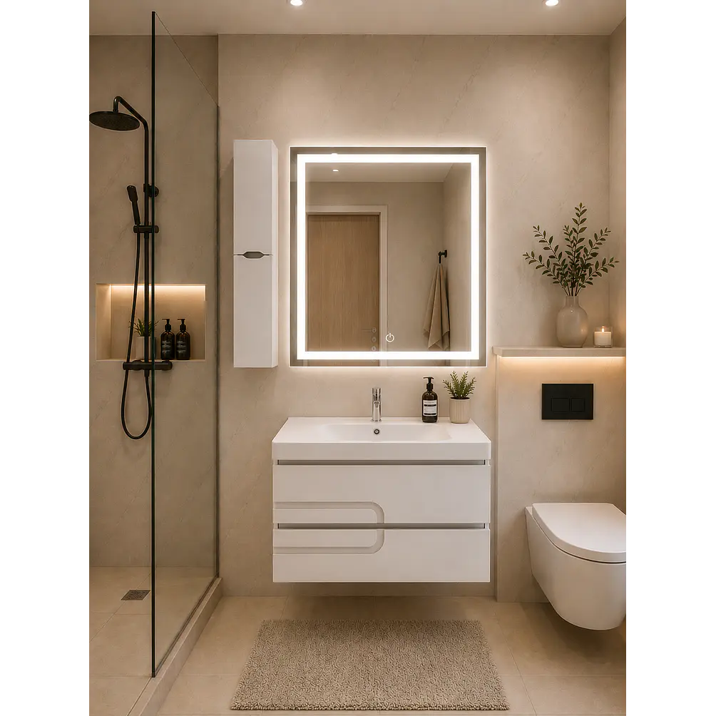 Vanitorio Flotante Completo Blanco 80 cm Con Espejo LED Y Estante 1