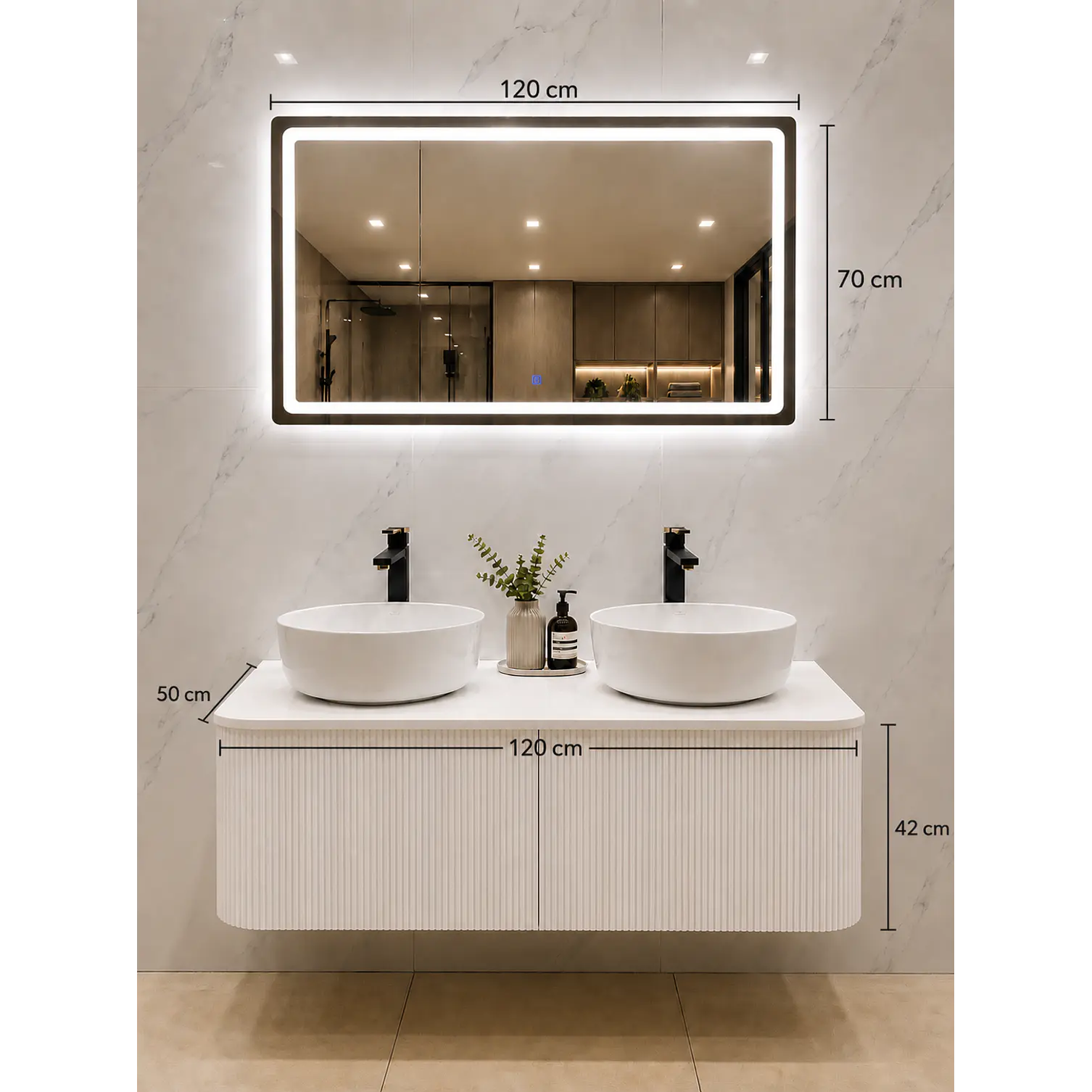 Vanitorio Flotante Completo Blanco 120 cm Con Espejo LED 2