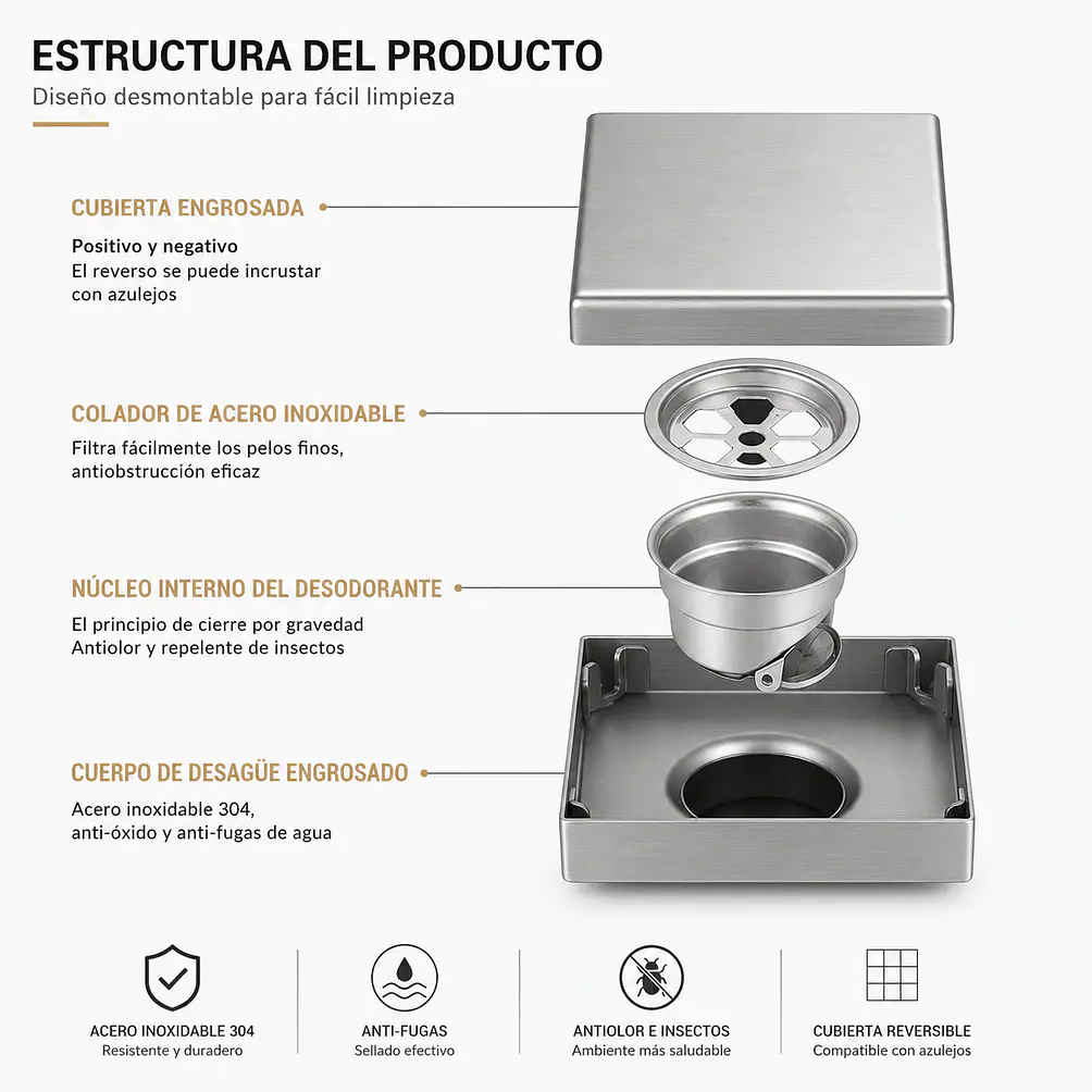 Rejilla de Desagüe para Ducha de Acero Inoxidable Premium 3