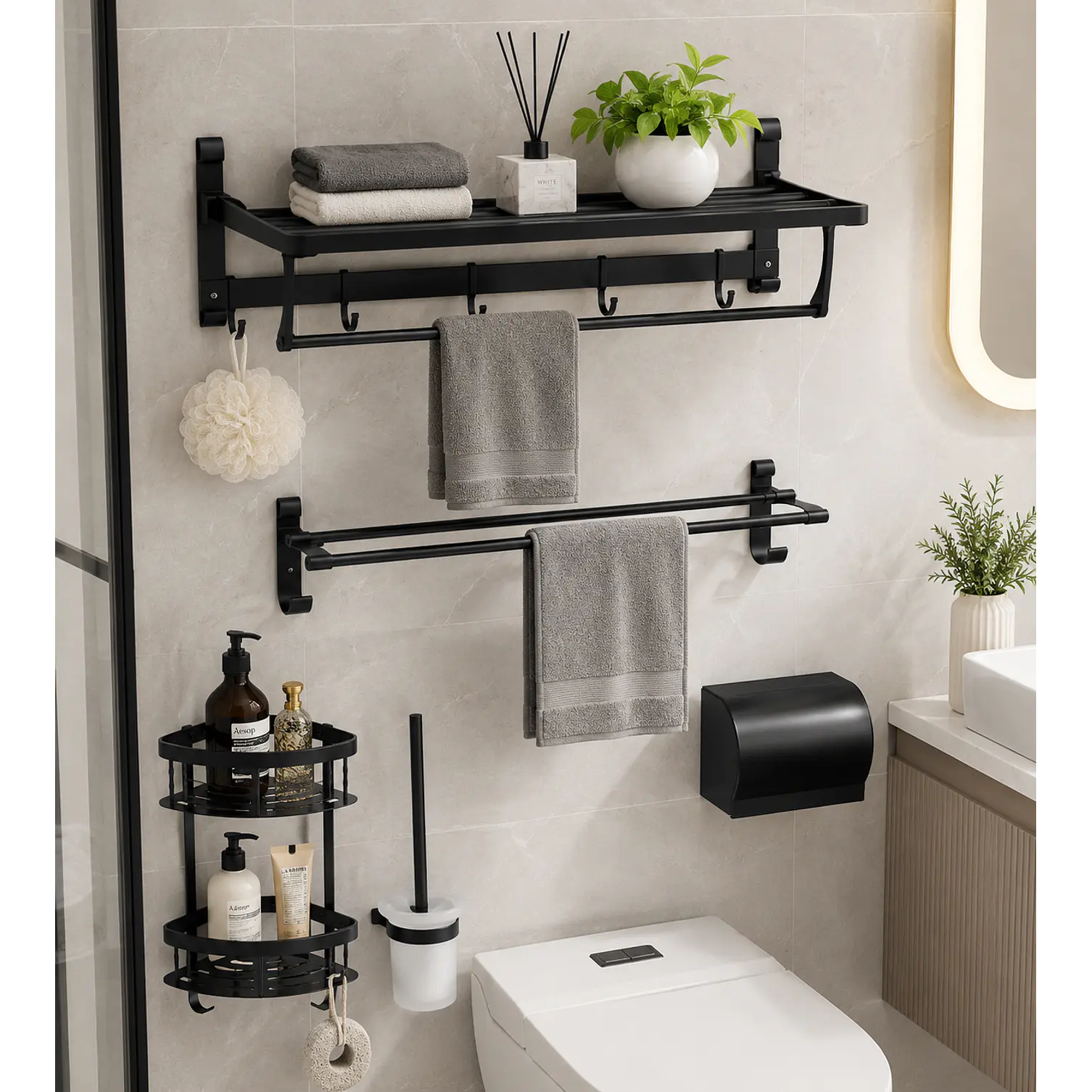 Set de Accesorios para Baño de Aluminio Negro Mate 5 Piezas 1