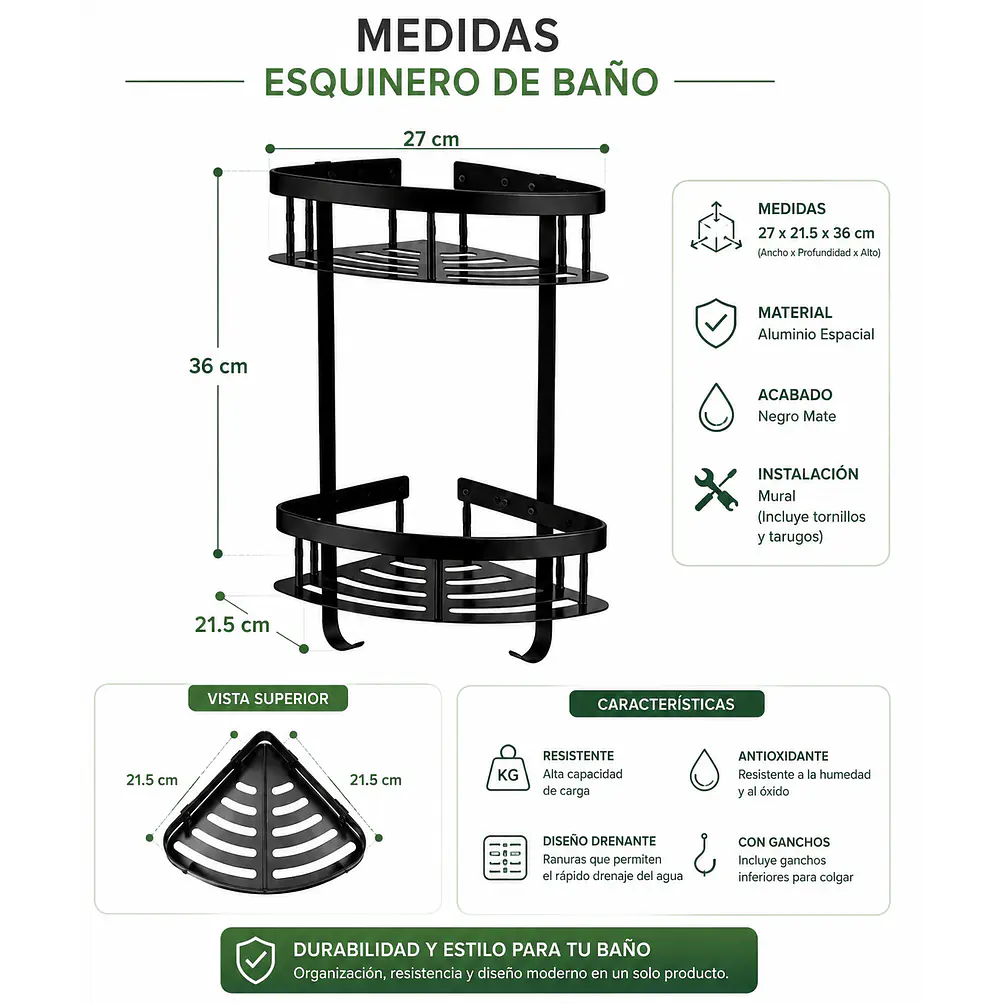 Set de Accesorios para Baño de Aluminio Negro Mate 5 Piezas 3