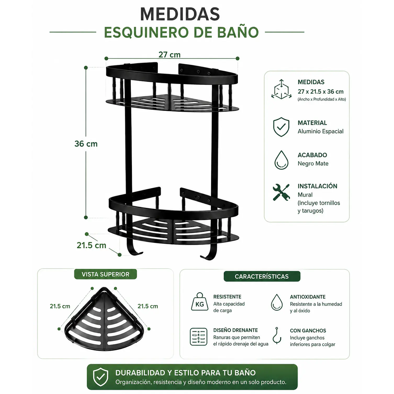 Set de Accesorios para Baño de Aluminio Negro Mate 5 Piezas 3