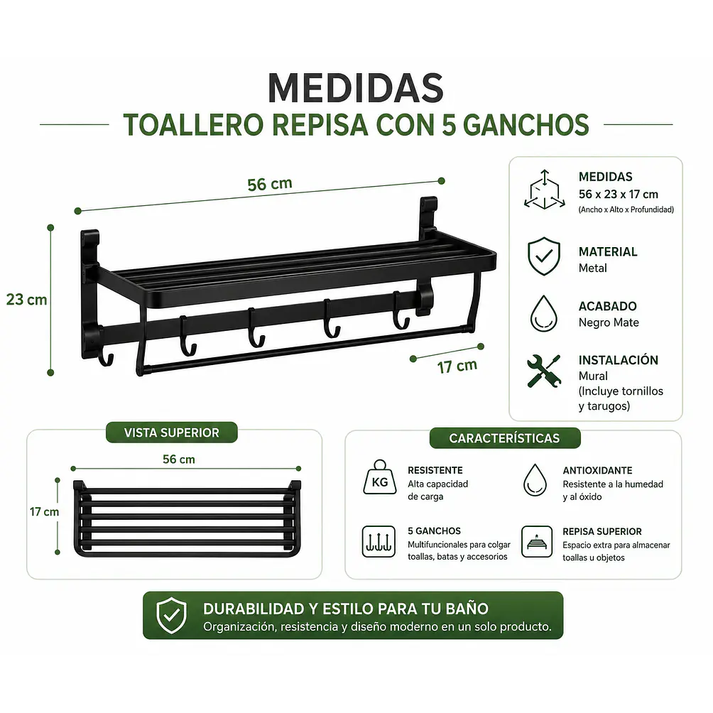 Set de Accesorios para Baño de Aluminio Negro Mate 5 Piezas 4