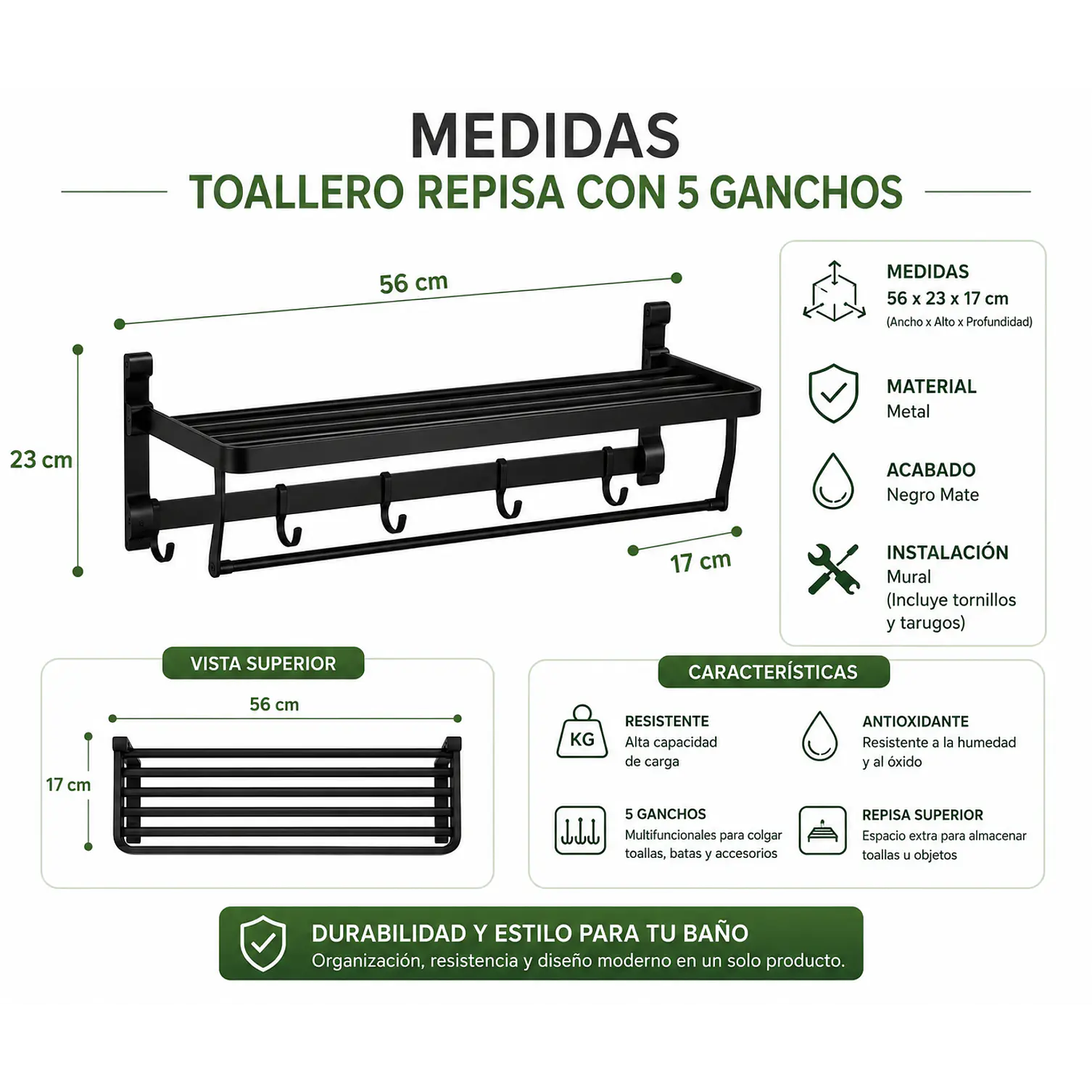 Set de Accesorios para Baño de Aluminio Negro Mate 5 Piezas 4