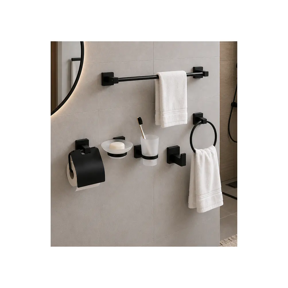 Set de Accesorios para Baño Acero Inoxidable Negro Mate 6 Piezas 1