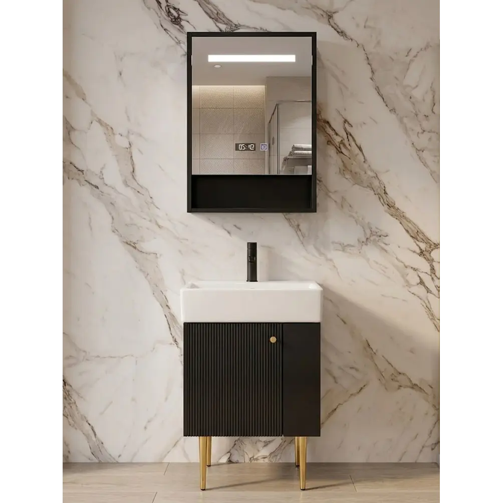  Vanitorio A Piso Negro 50 cm Con Botiquin Y Espejo LED Con Reloj Digital 1