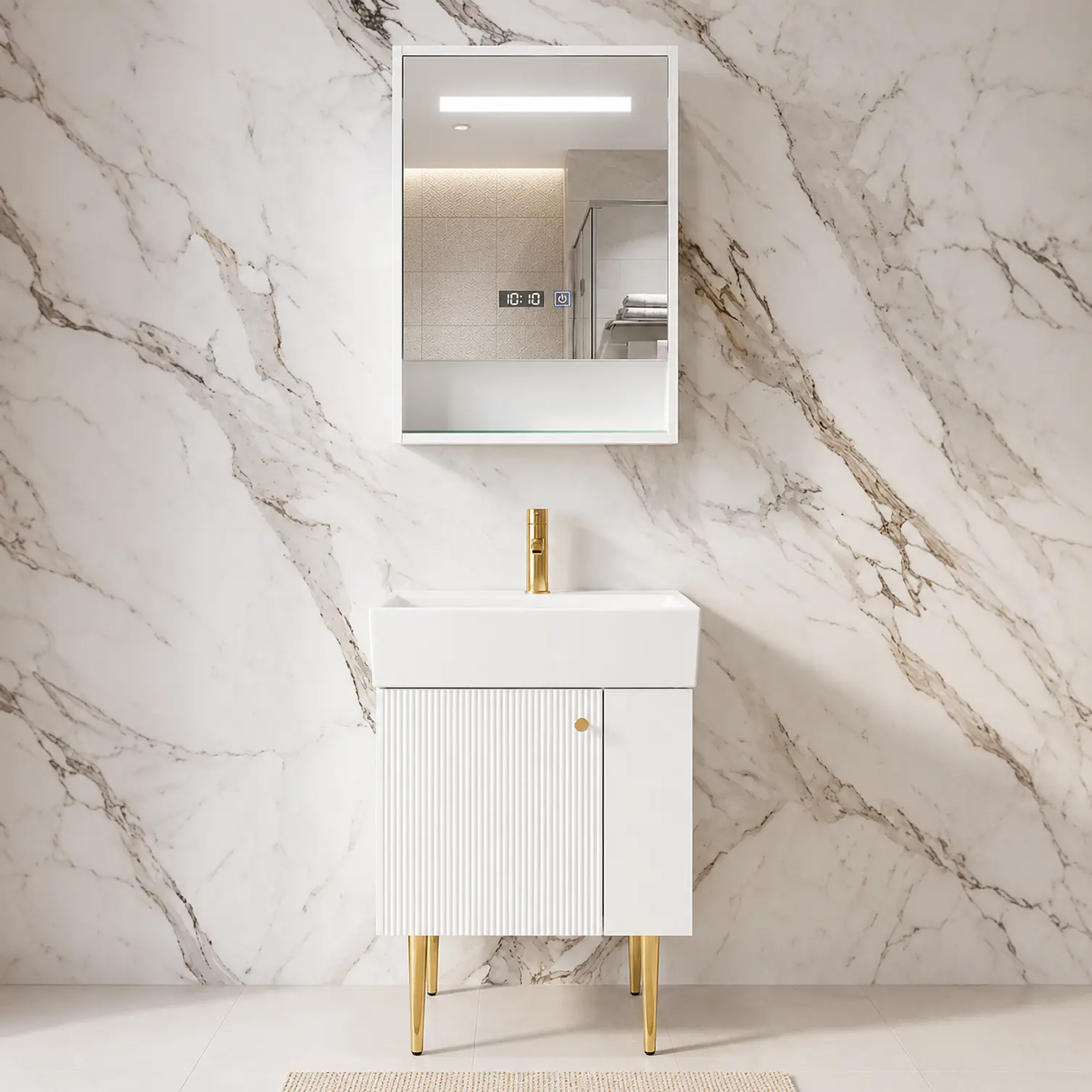 Vanitorio A Piso Blanco 50 cm Con Botiquin Y Espejo LED Con Reloj Digital 1