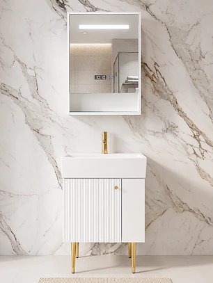 Vanitorio A Piso Blanco 50 cm Con Botiquin Y Espejo LED Con Reloj Digital