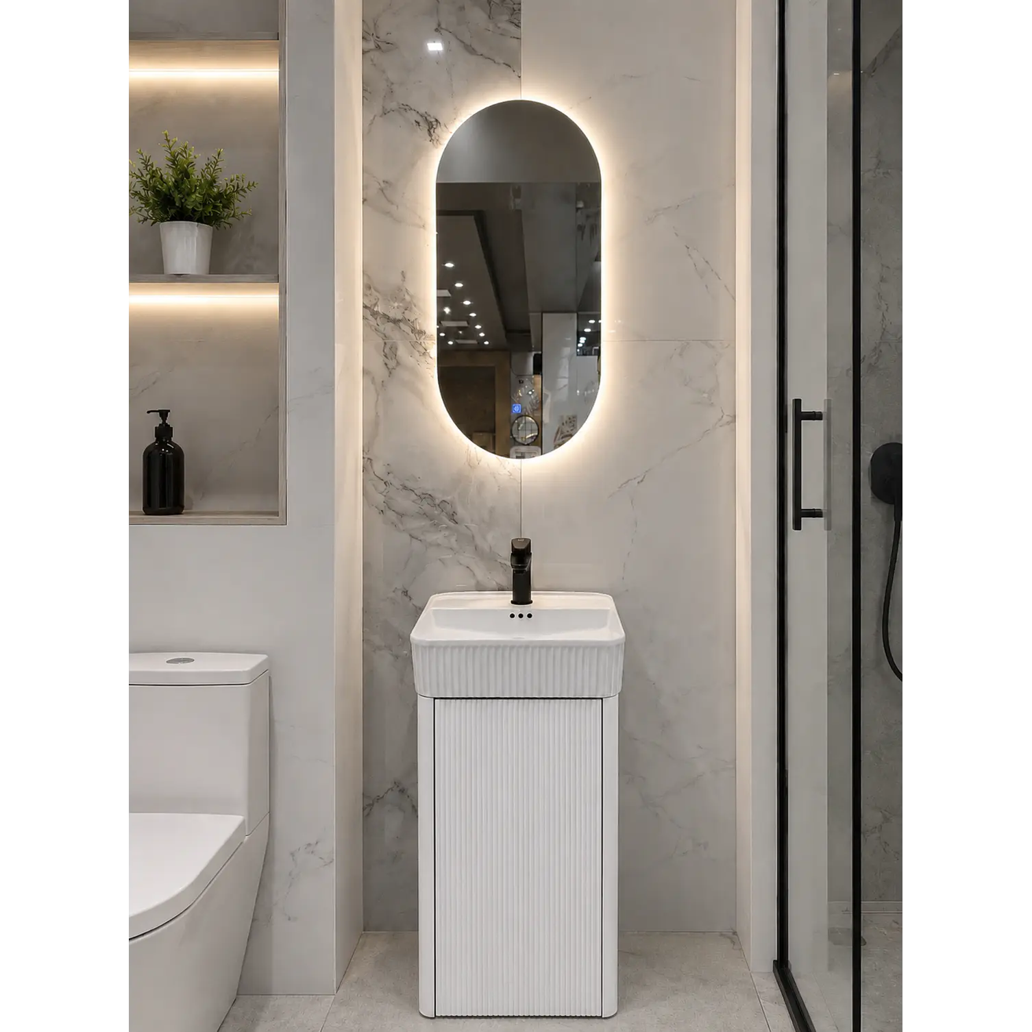 Vanitorio A Piso Completo Blanco 40 cm Con Espejo LED 3