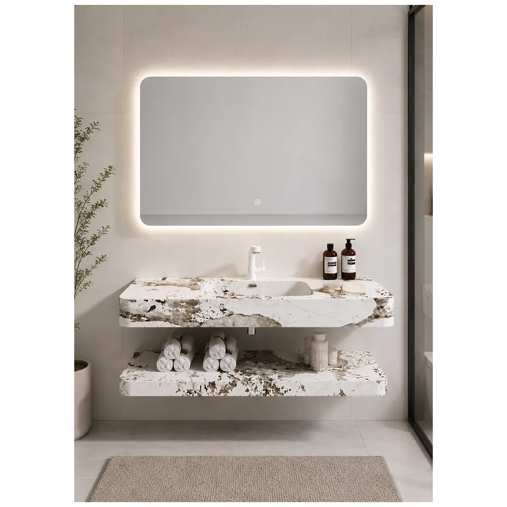 Vanitorio Flotante con Espejo LED | Lavamanos Integrado | Diseño Mármol Blanco 2