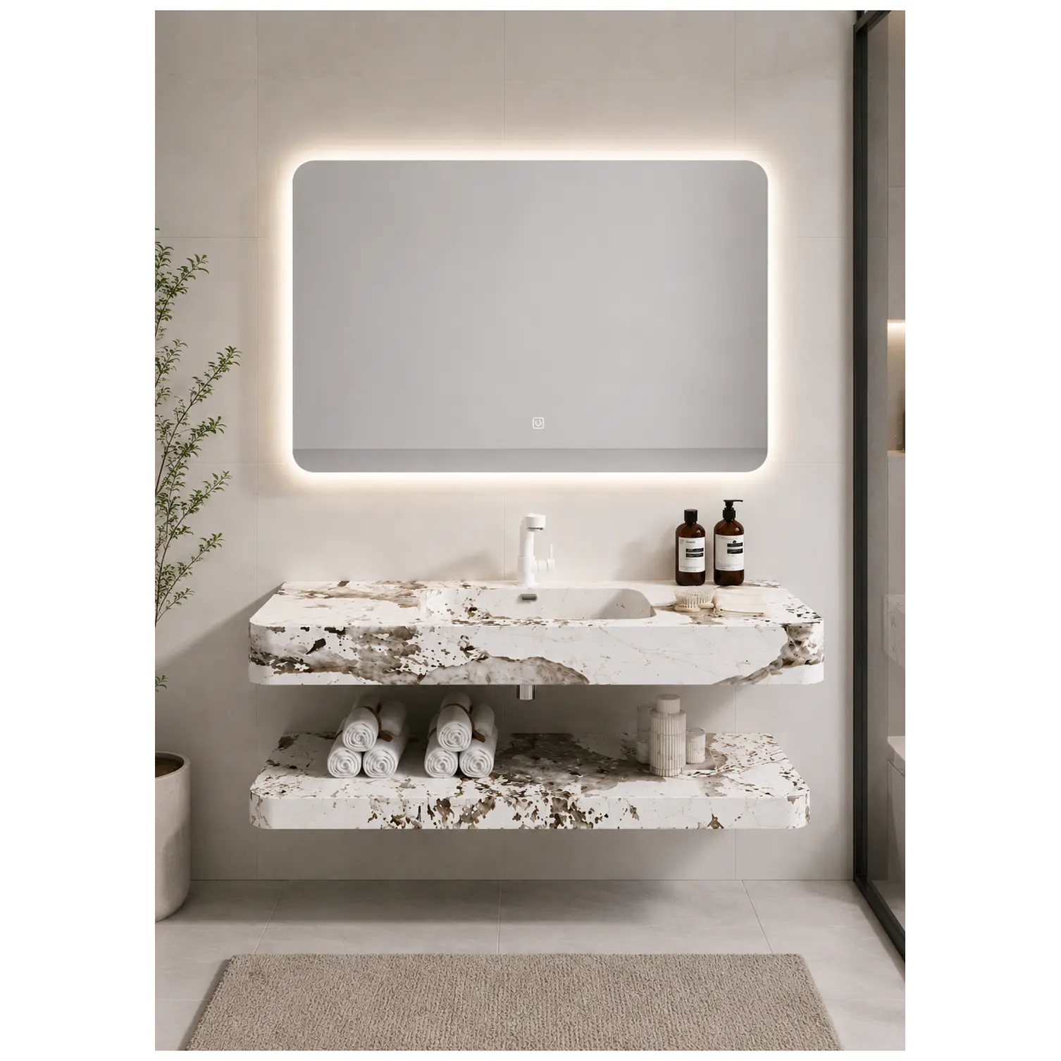 Vanitorio Flotante con Espejo LED | Lavamanos Integrado | Diseño Mármol Blanco 2