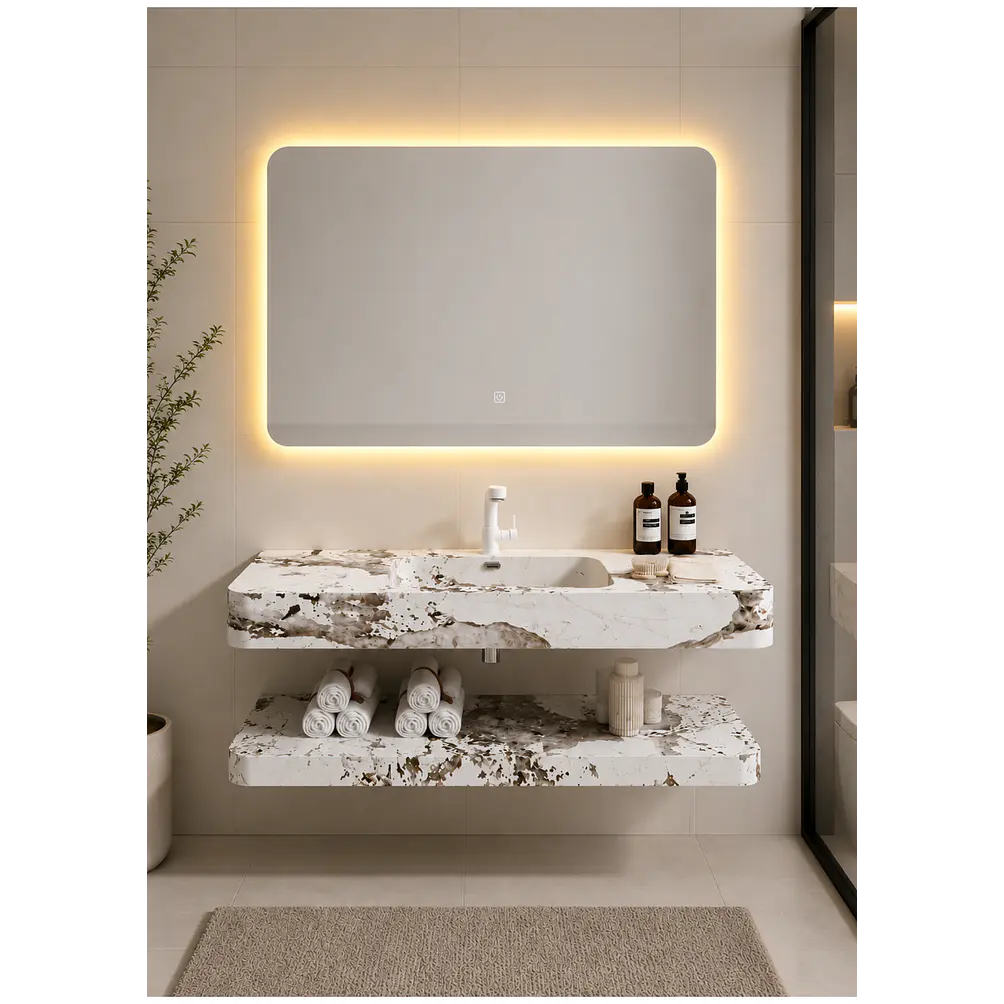 Vanitorio Flotante con Espejo LED | Lavamanos Integrado | Diseño Mármol Blanco 1