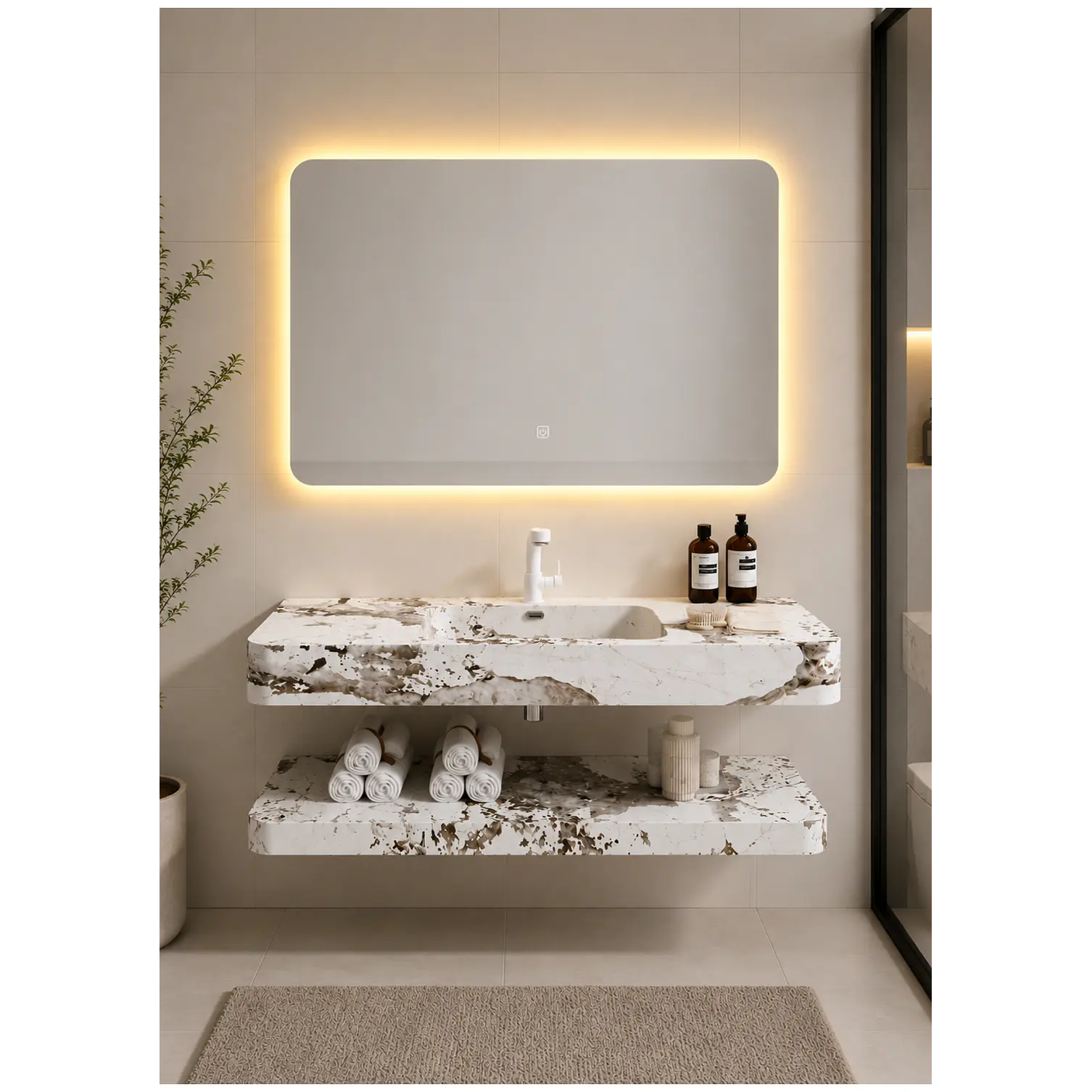 Vanitorio Flotante con Espejo LED | Lavamanos Integrado | Diseño Mármol Blanco 1