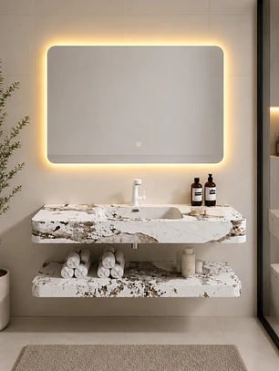 Vanitorio Flotante con Espejo LED | Lavamanos Integrado | Diseño Mármol Blanco