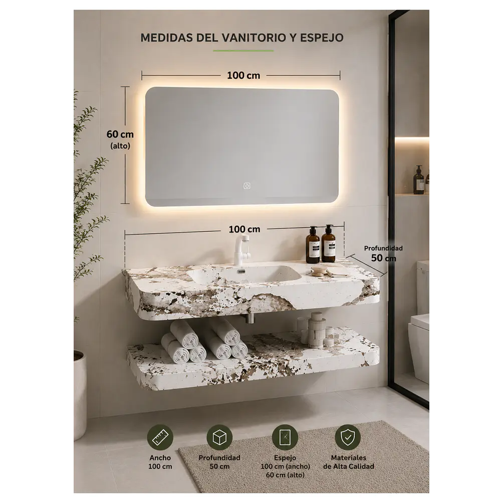 Vanitorio Flotante con Espejo LED | Lavamanos Integrado | Diseño Mármol Blanco 3