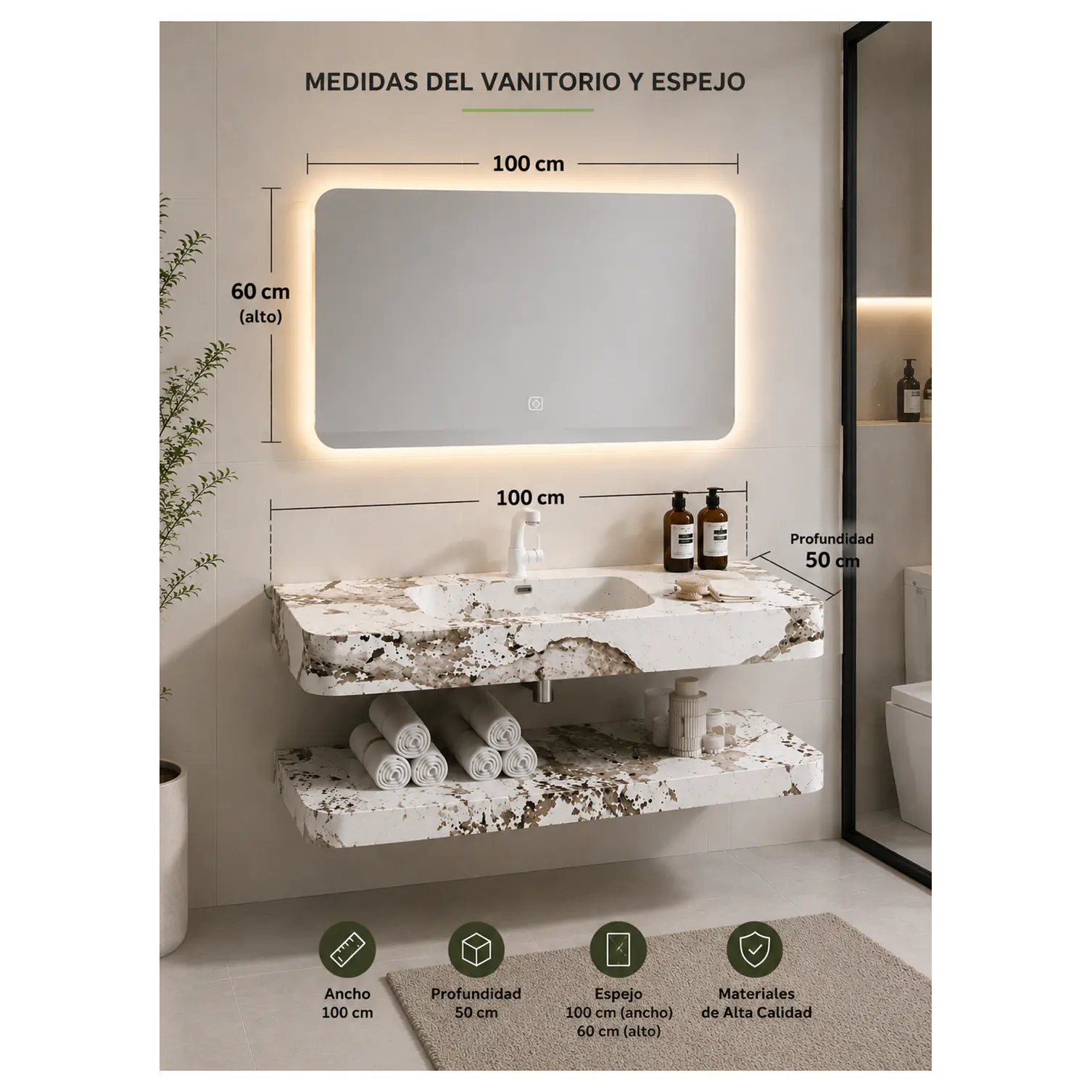 Vanitorio Flotante con Espejo LED | Lavamanos Integrado | Diseño Mármol Blanco 3