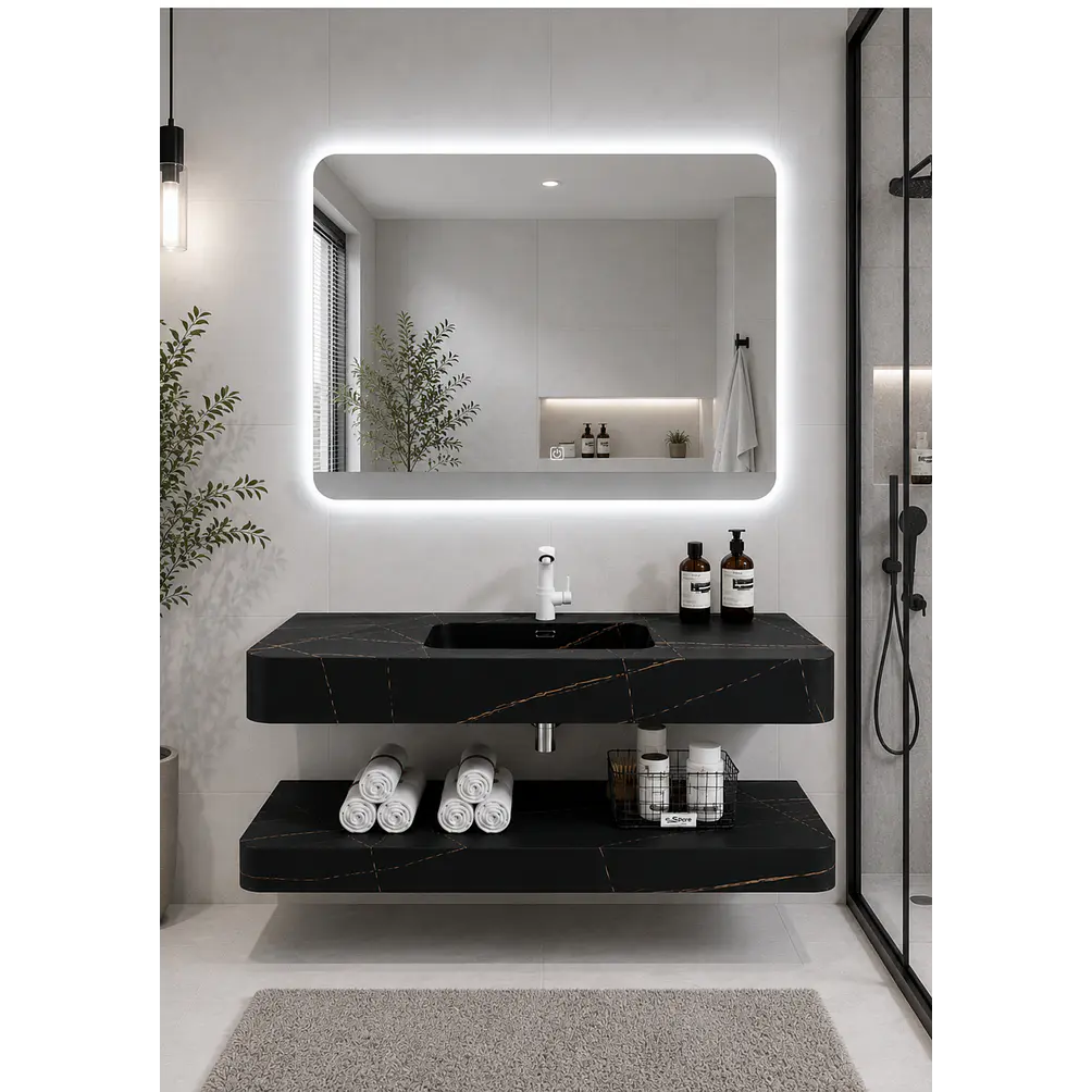 Vanitorio Flotante con Espejo LED | Lavamanos Integrado | Diseño Mármol Blanco 1