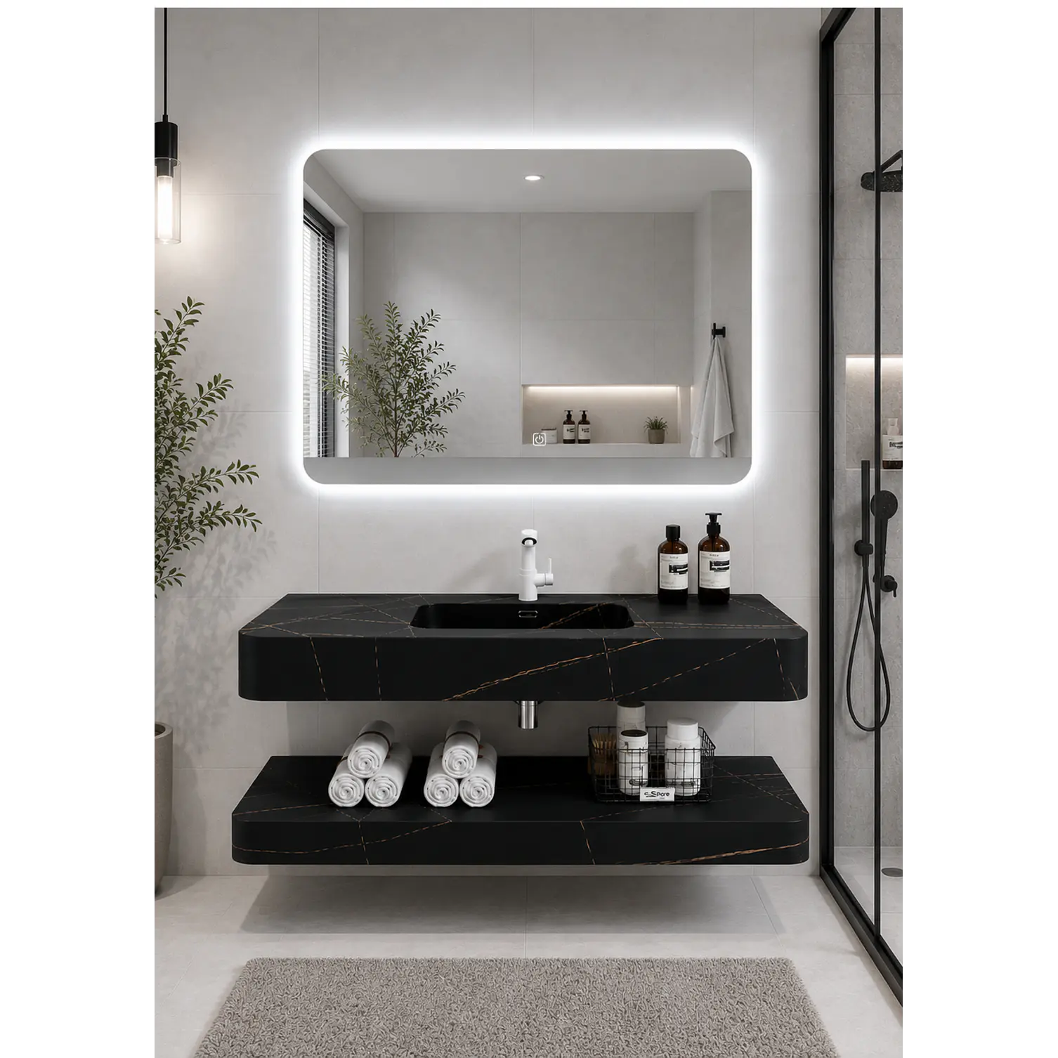 Vanitorio Flotante con Espejo LED | Lavamanos Integrado | Diseño Mármol Blanco 1