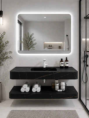 Vanitorio Flotante con Espejo LED | Lavamanos Integrado | Diseño Mármol Blanco