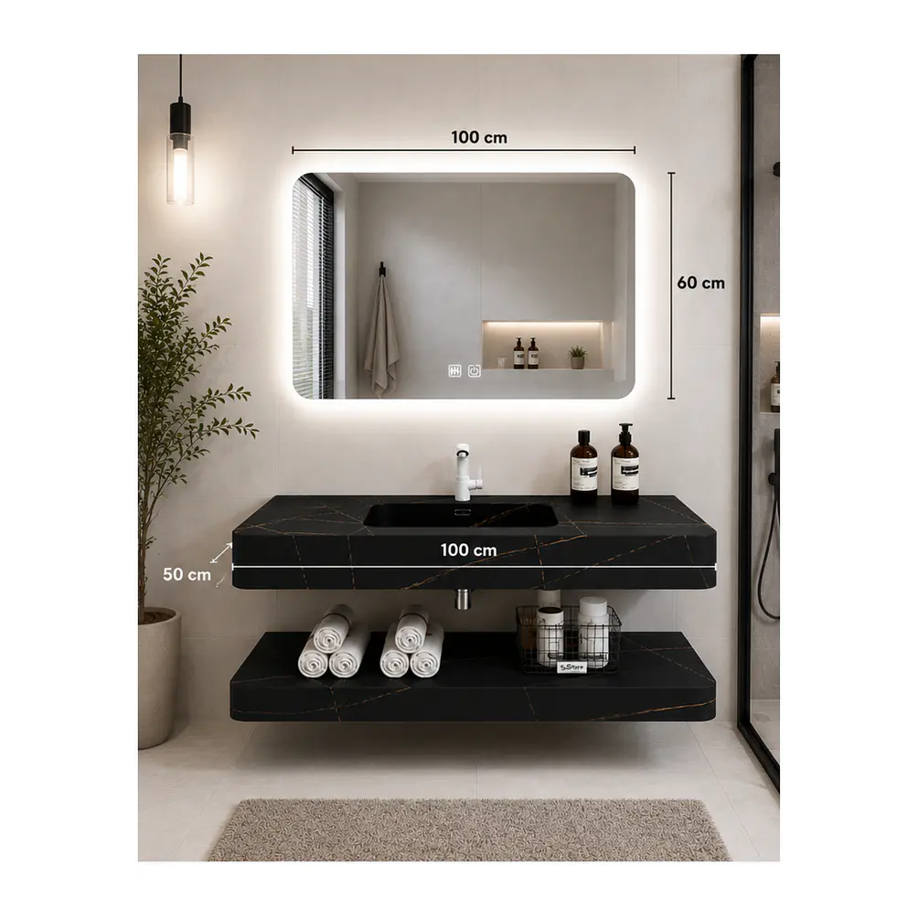 Vanitorio Flotante con Espejo LED | Lavamanos Integrado | Diseño Mármol Blanco 3