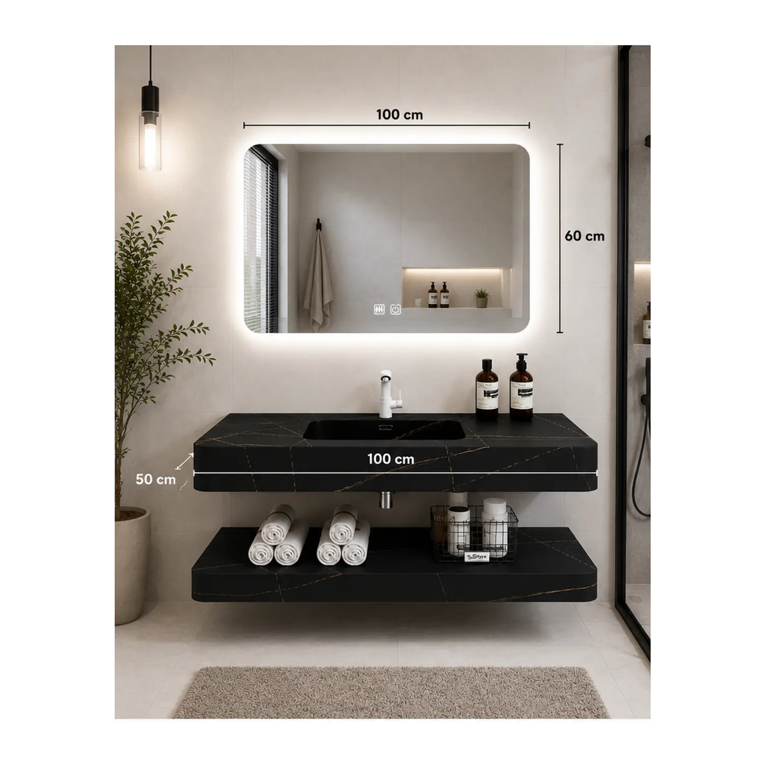 Vanitorio Flotante con Espejo LED | Lavamanos Integrado | Diseño Mármol Blanco 3