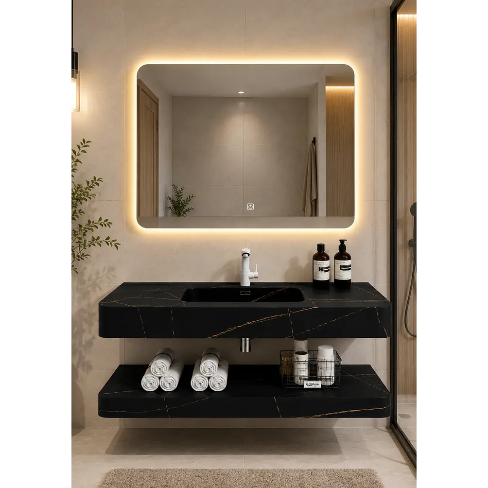Vanitorio Flotante con Espejo LED | Lavamanos Integrado | Diseño Mármol Blanco 2