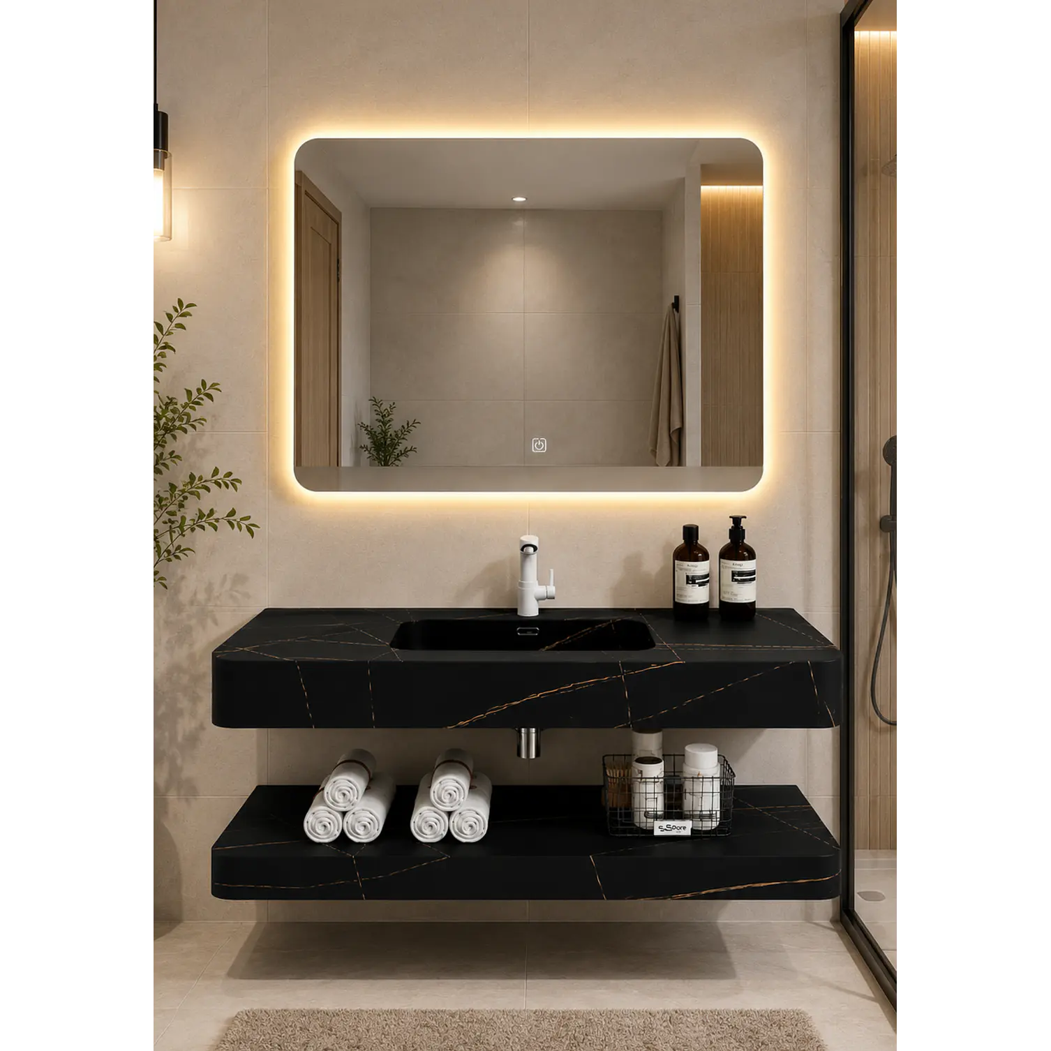 Vanitorio Flotante con Espejo LED | Lavamanos Integrado | Diseño Mármol Blanco 2