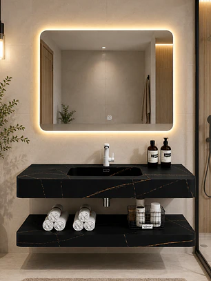 Vanitorio Flotante con Espejo LED | Lavamanos Integrado | Diseño Mármol Negro