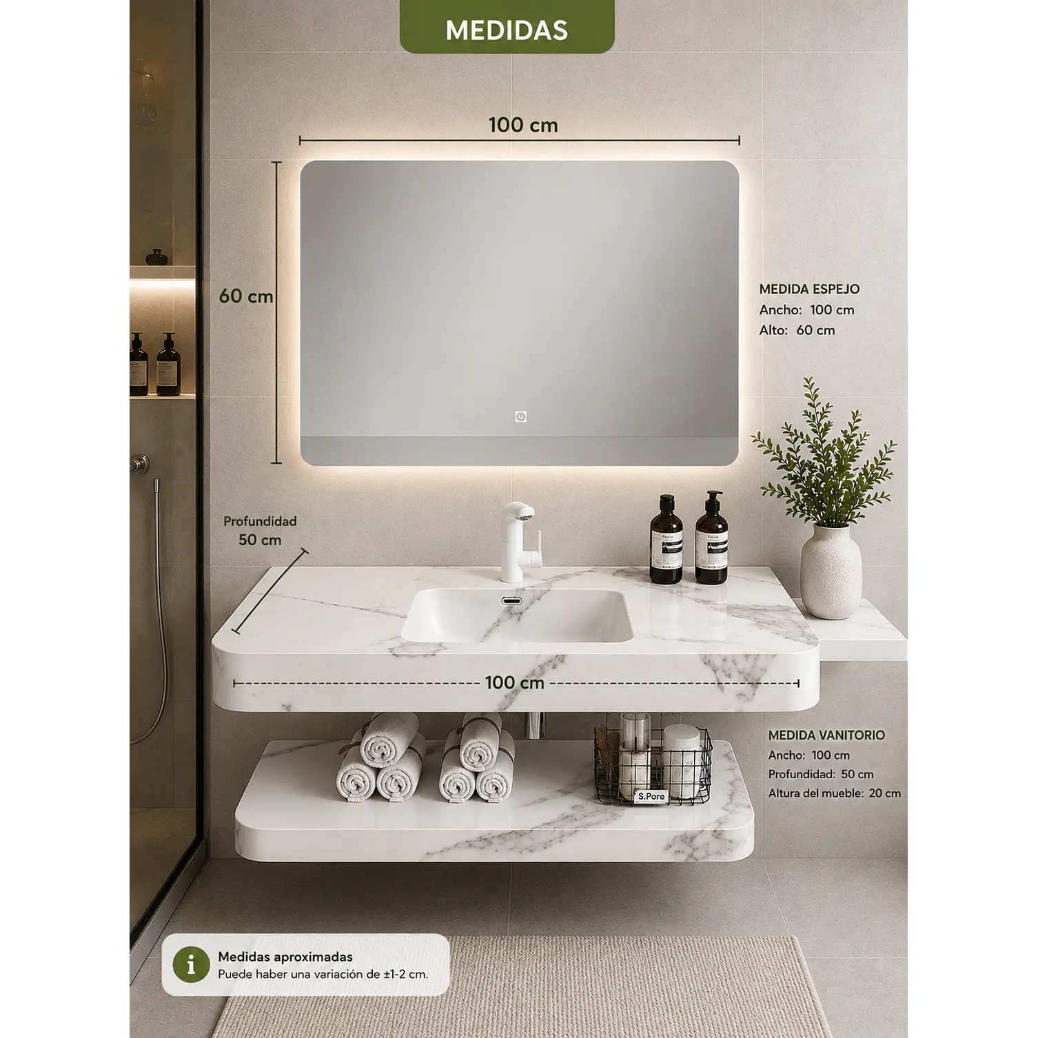 Vanitorio Flotante con Espejo LED | Lavamanos Integrado | Diseño Mármol Blanco 3
