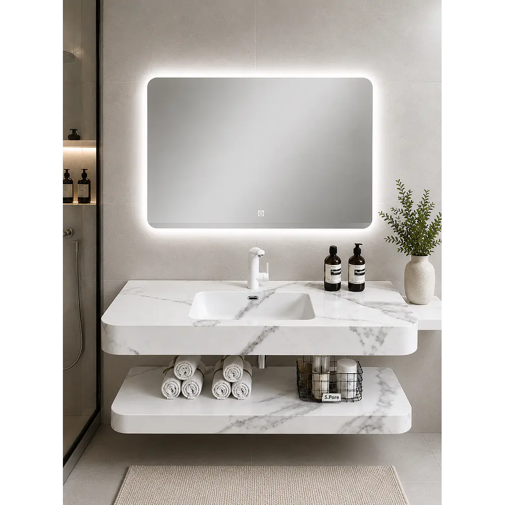 Vanitorio Flotante con Espejo LED | Lavamanos Integrado | Diseño Mármol Blanco 2