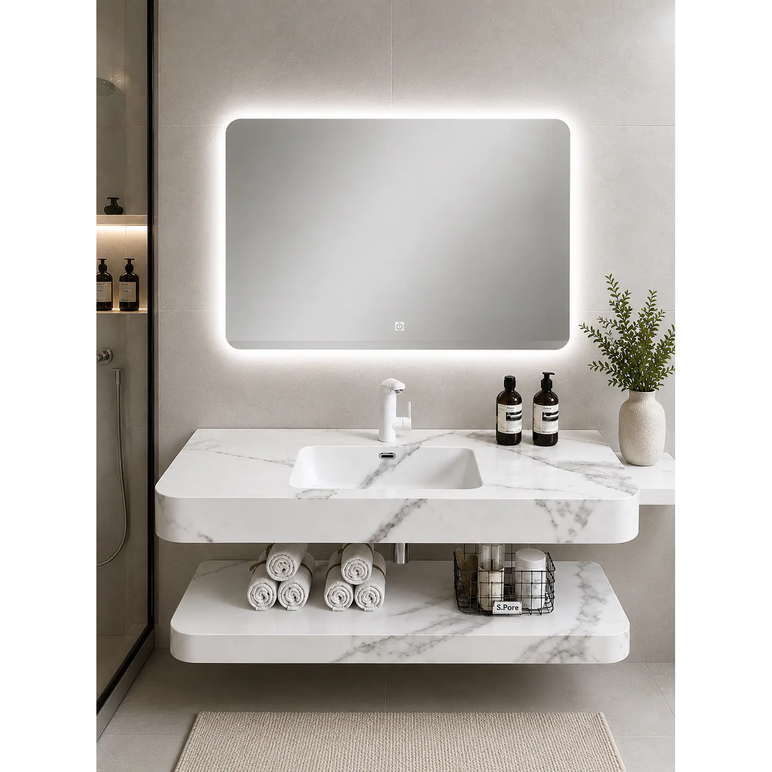 Vanitorio Flotante con Espejo LED | Lavamanos Integrado | Diseño Mármol Blanco 2