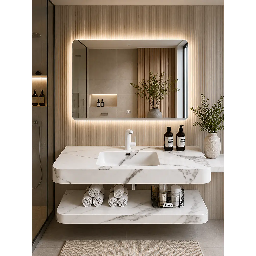 Vanitorio Flotante con Espejo LED | Lavamanos Integrado | Diseño Mármol Blanco 1