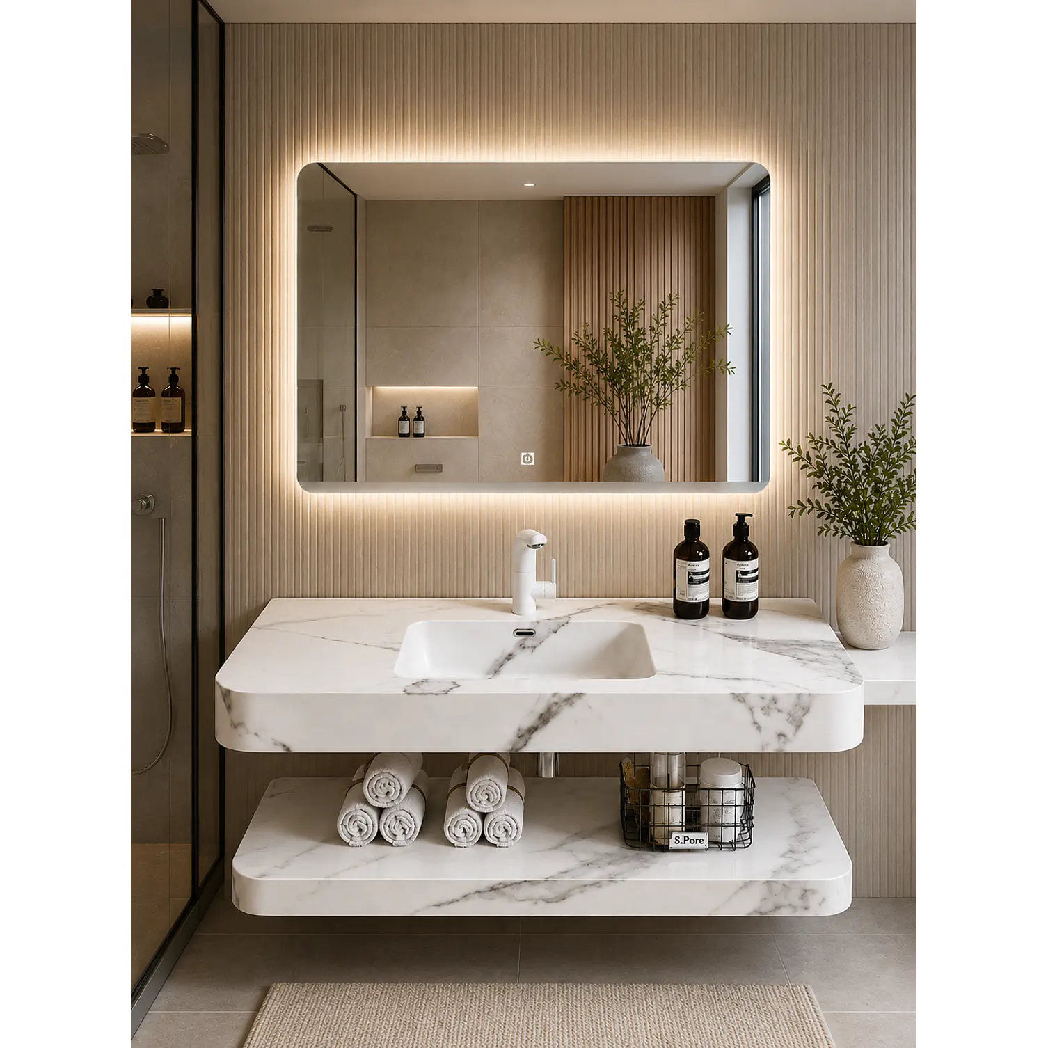 Vanitorio Flotante con Espejo LED | Lavamanos Integrado | Diseño Mármol Blanco 1