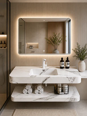 Vanitorio Flotante con Espejo LED | Lavamanos Integrado | Diseño Mármol Blanco
