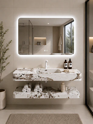 Vanitorio Flotante con Espejo LED | Lavamanos Integrado | Diseño Mármol Blanco