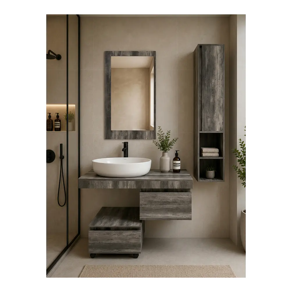 Mueble Vanitorio Flotante Completo Con Espejo, Estante y Mueble Auxiliar 1