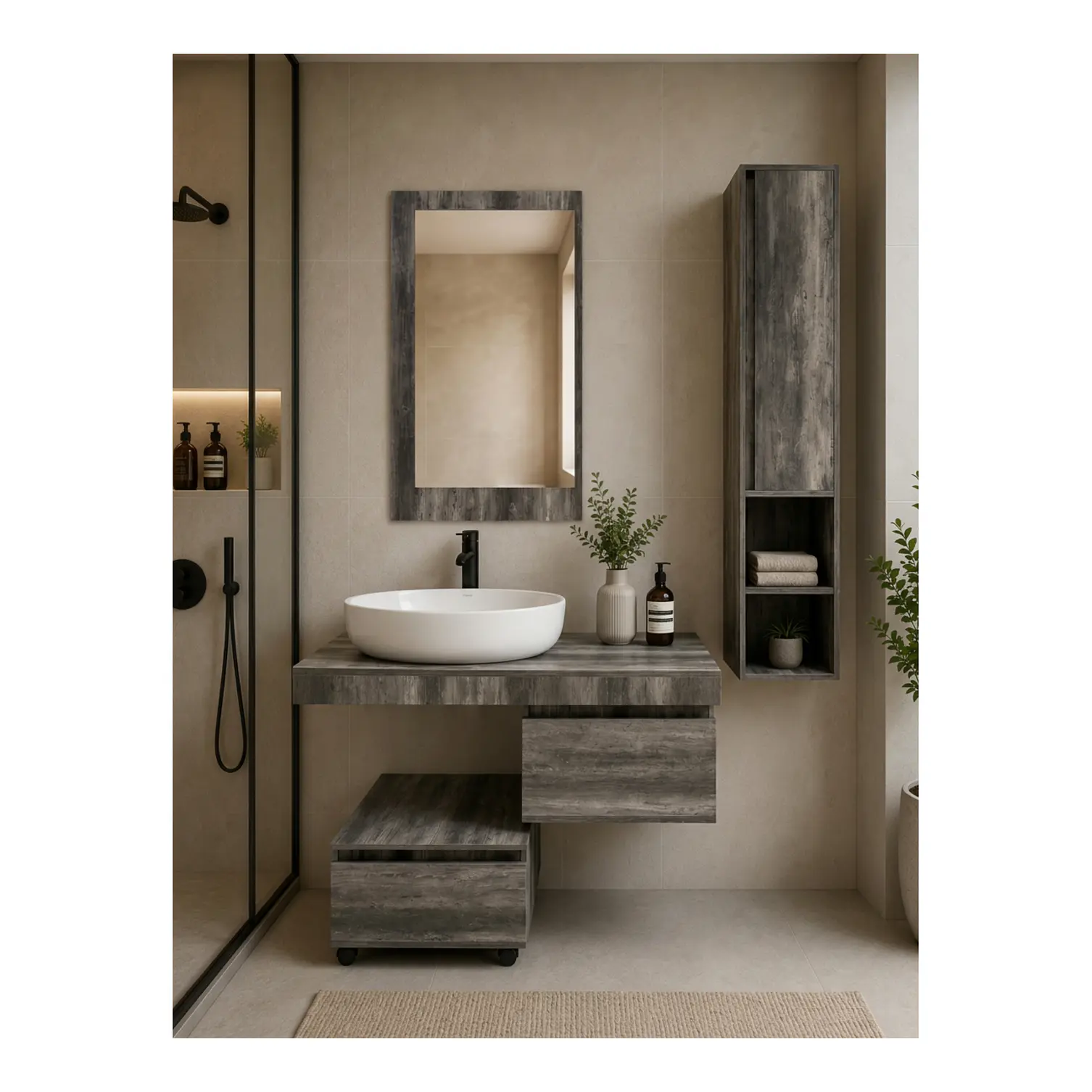 Mueble Vanitorio Flotante Completo Con Espejo, Estante y Mueble Auxiliar 1