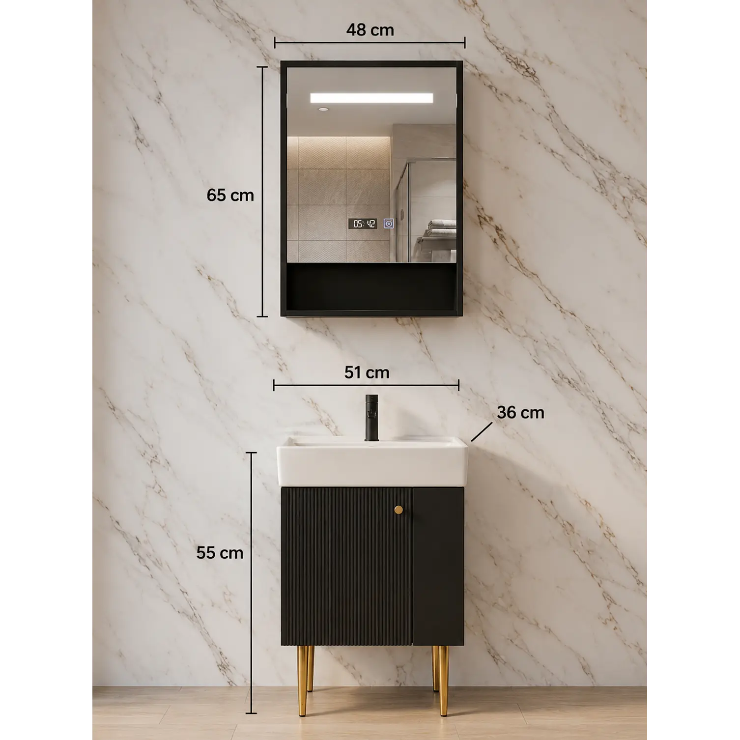  Vanitorio A Piso Negro 50 cm Con Botiquin Y Espejo LED Con Reloj Digital 2