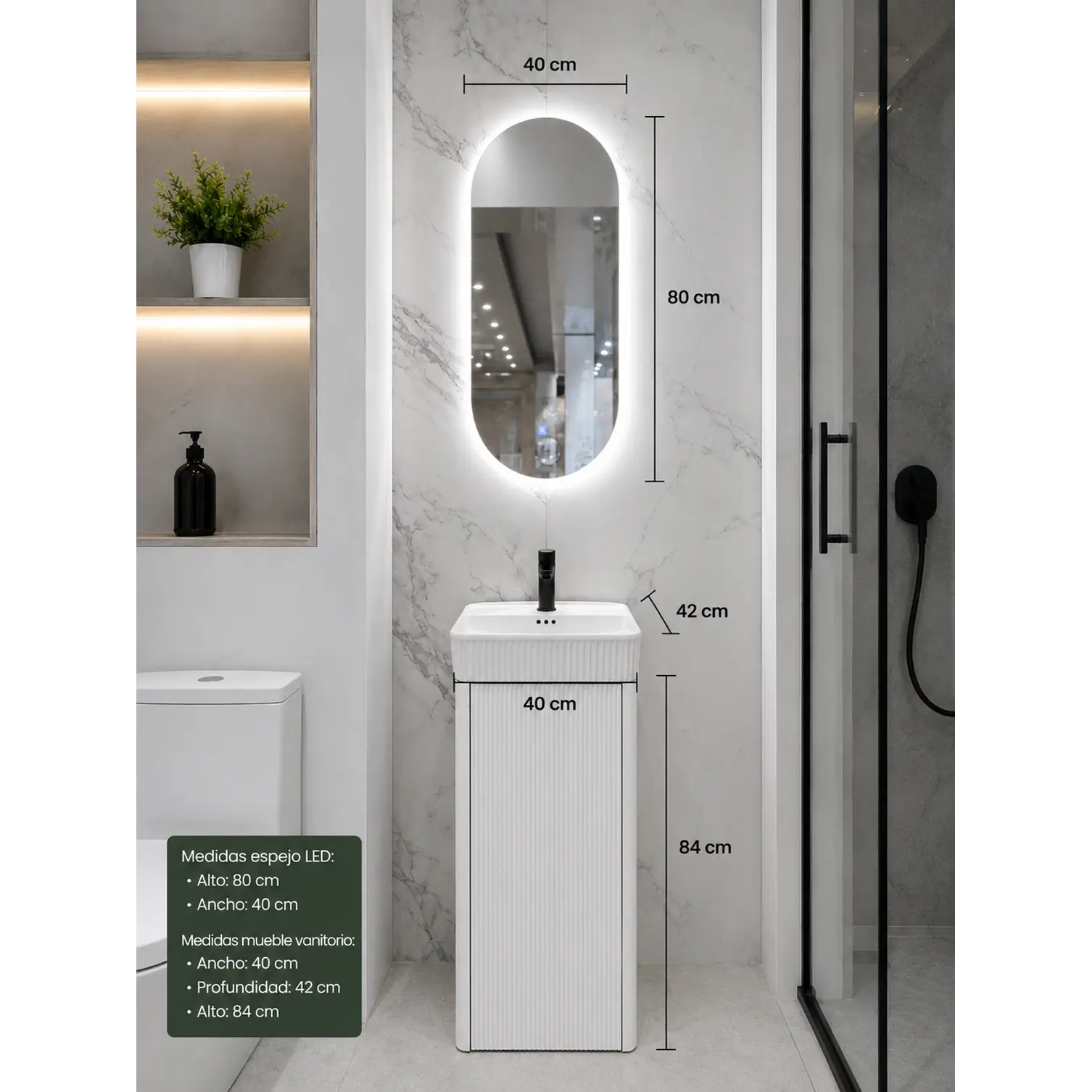 Vanitorio A Piso Completo Blanco 40 cm Con Espejo LED 2