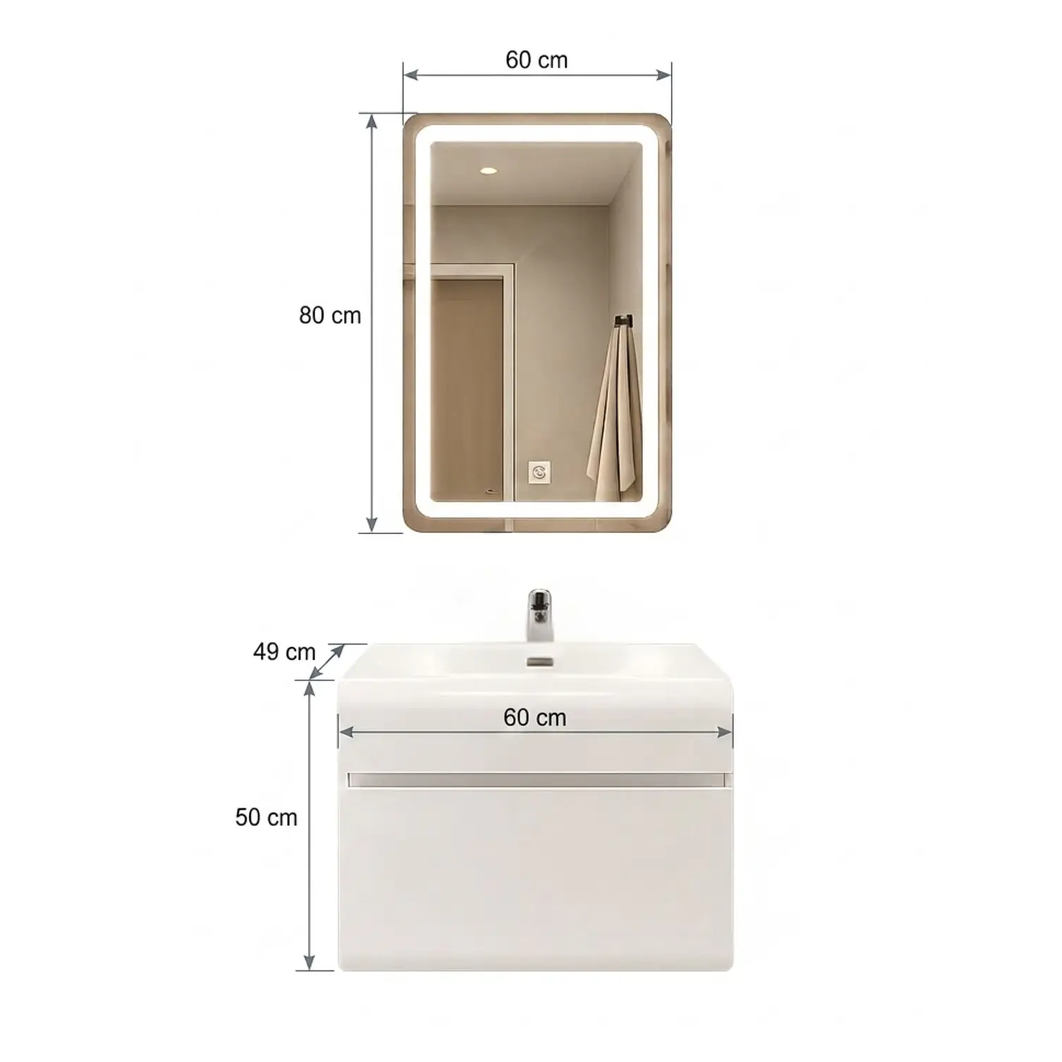 Vanitorio Flotante Completo Blanco 60 cm Con Espejo LED 2
