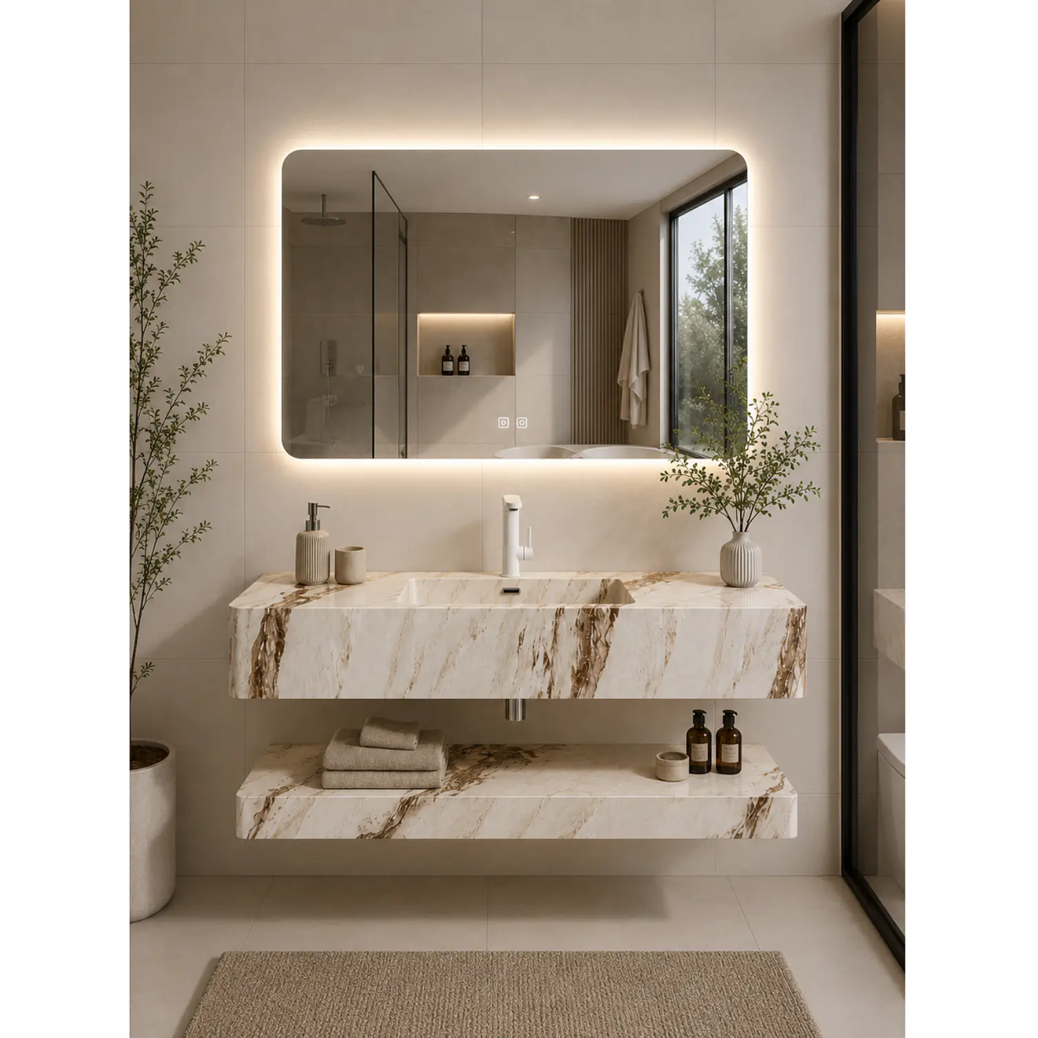 Vanitorio Flotante con Espejo LED | Lavamanos Integrado | Diseño Mármol Blanco 1