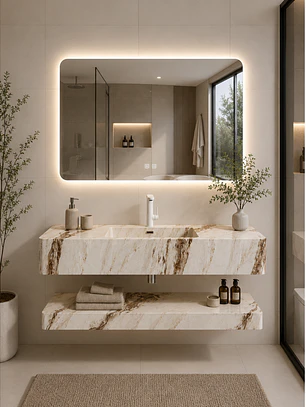 Vanitorio Flotante con Espejo LED | Lavamanos Integrado | Diseño Mármol Blanco
