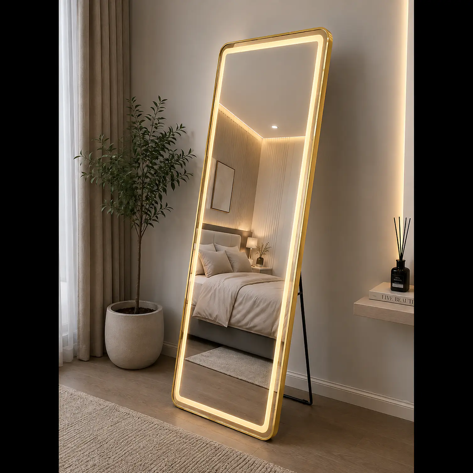 Espejo LED Dorado de muro 70x180 cm | Instalación Vertical u Horizontal Con opcion a Pedestal  2