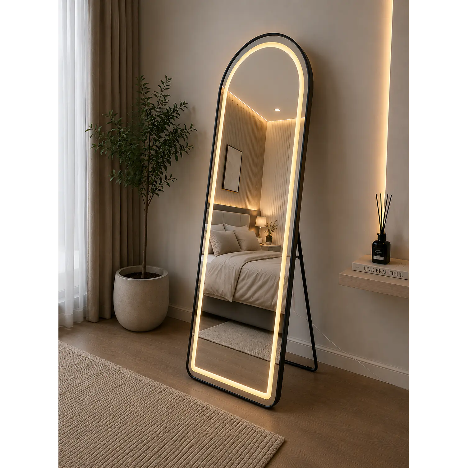 Espejo LED Arco 70x180 cm Marco Negro Con Pedestal 1