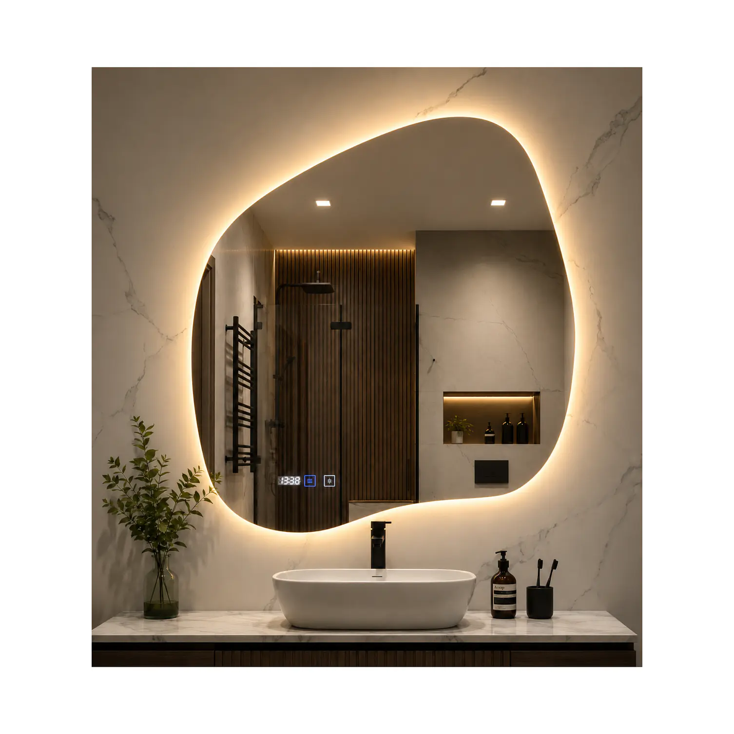  Espejo LED Para Baño Desempañante Con Reloj Digital Sin Marco 68x65 cm 2