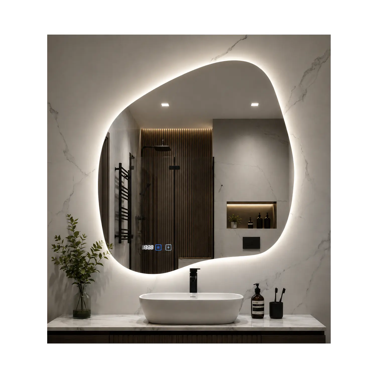  Espejo LED Para Baño Desempañante Con Reloj Digital Sin Marco 68x65 cm 3