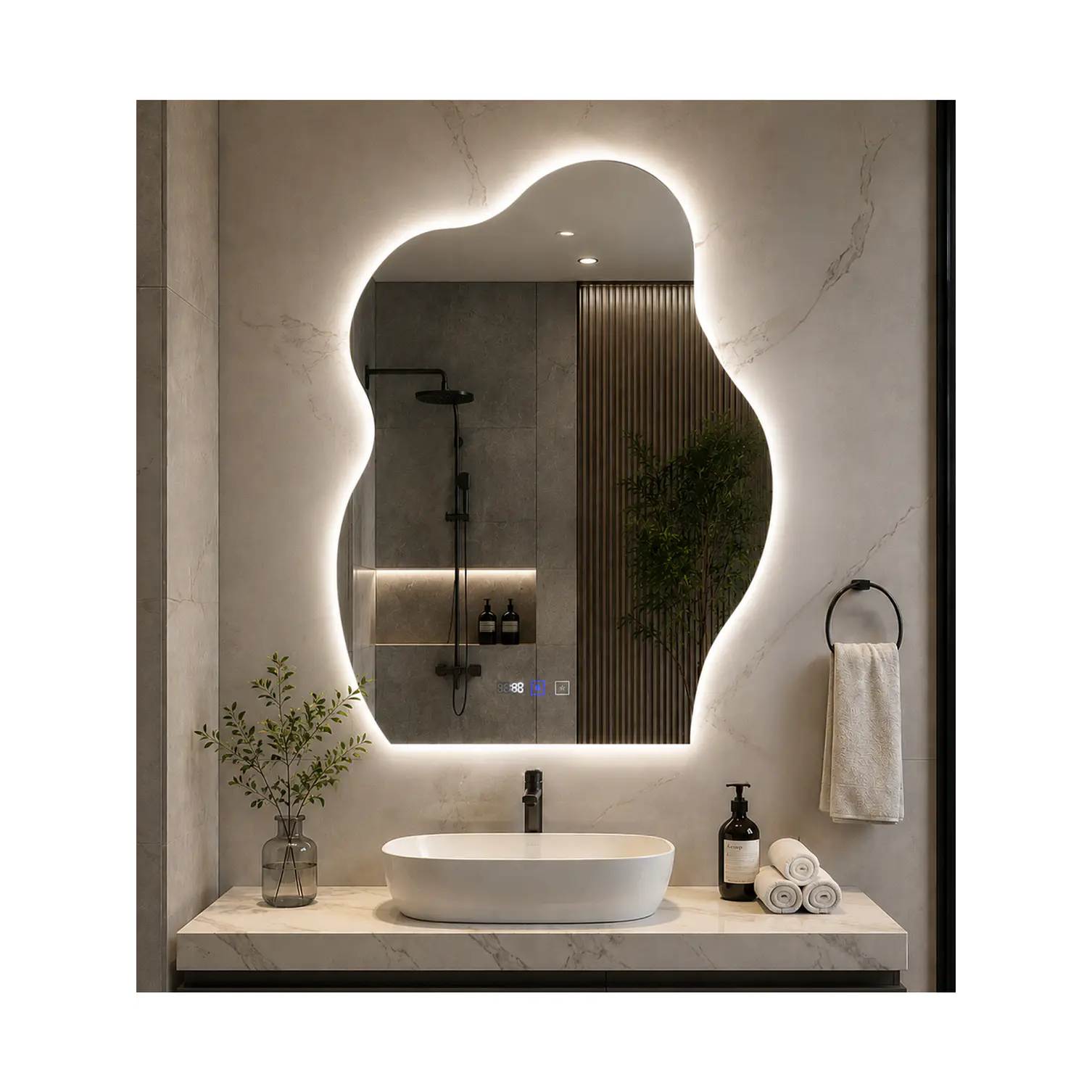 Espejo LED Para Baño Desempañante Con Reloj Digital Sin Marco 60x80 cm 3